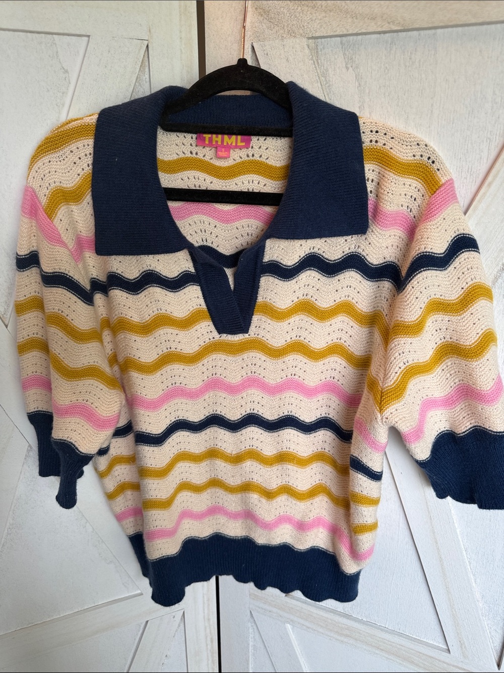 THML Navy Collar Wavy Stripe Knit Sweater - Ivory, Pink & Mustard